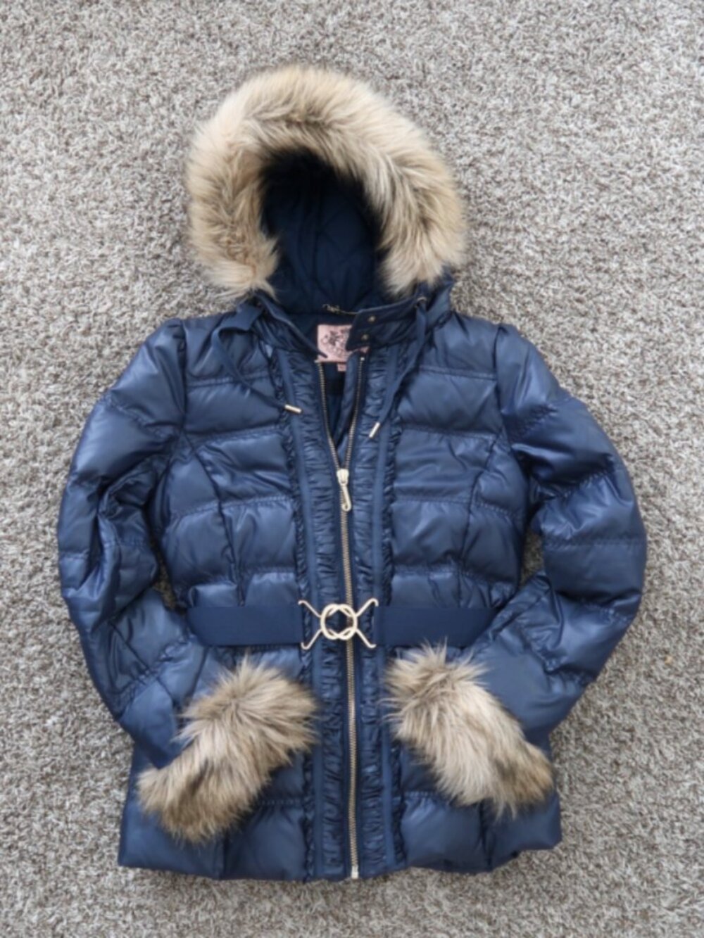 Y2K Juicy Couture Puffer Jacket with Fur Trim Size Medium Navy and Gold
